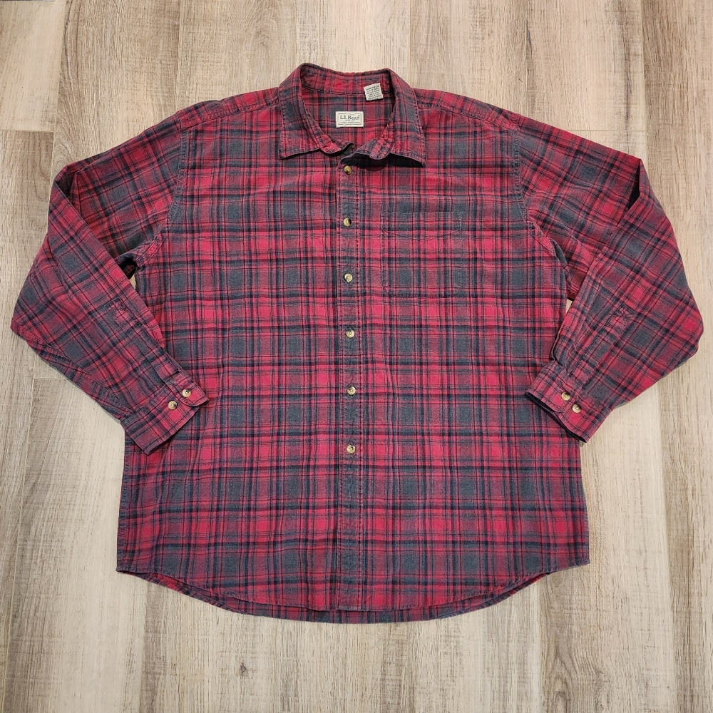 L.L. Bean Men's Button Down Flannel, XL, Red and Grey, Plaid, Outdoor, Gorpcore